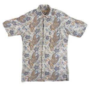 Peter Millar Button Down Mens M White Paisley 100% Linen Short Sleeve Resortwear